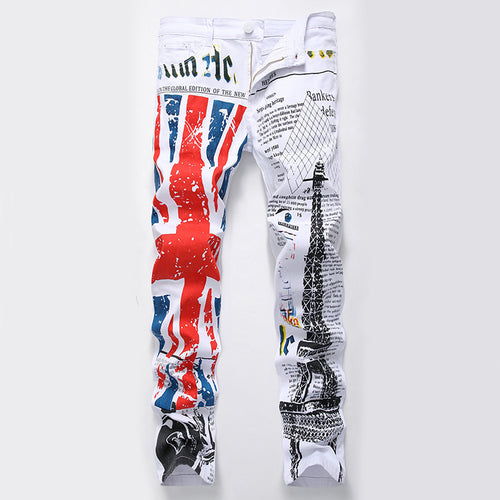 Load image into Gallery viewer, British Flag Paris Eiffel Tower Print Skinny Jeans Pants-men-wanahavit-White-28-wanahavit
