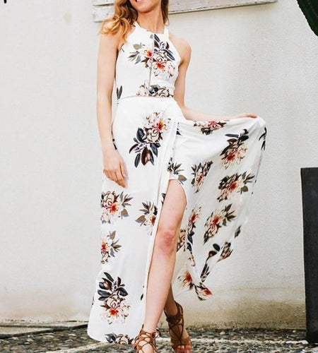 Floral Print Halter Chiffon Long Split Maxi Beach Dress-women-wanahavit-White-S-wanahavit