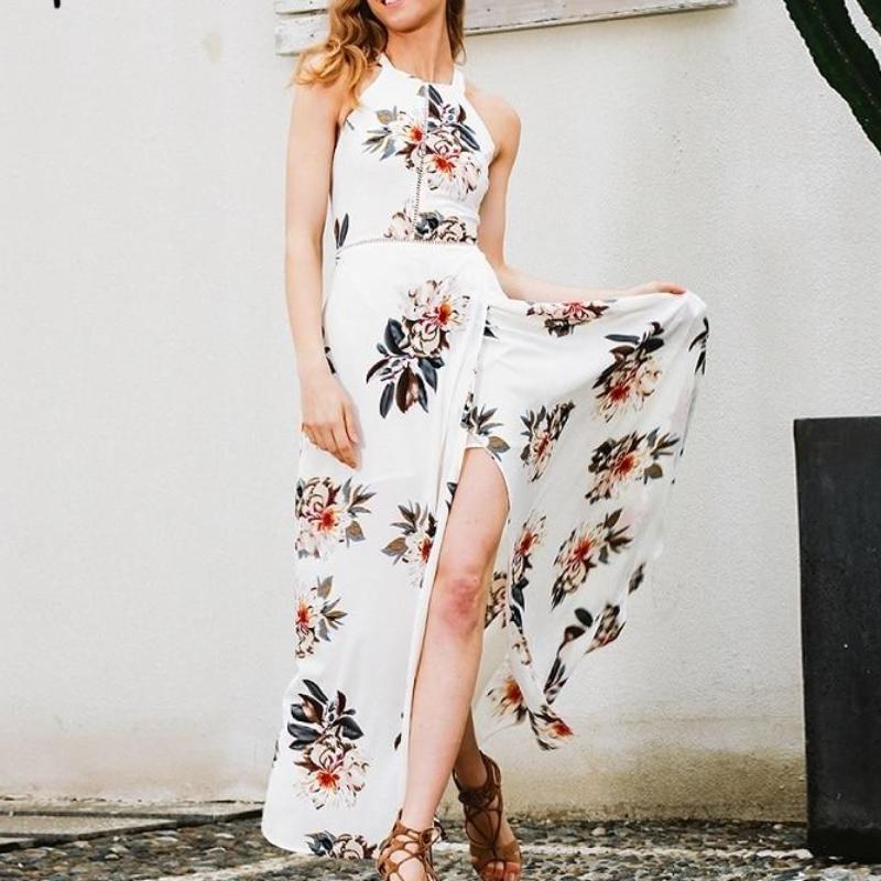 Floral Print Halter Chiffon Long Split Maxi Beach Dress-women-wanahavit-White-S-wanahavit