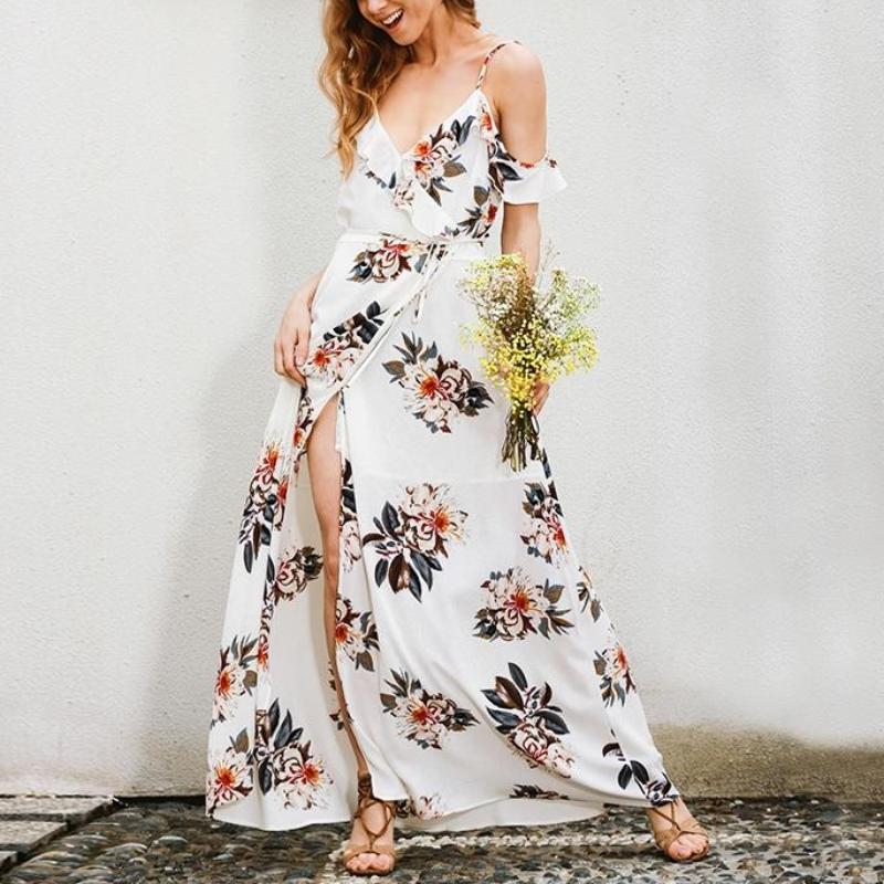 Floral Print Ruffles Chiffon Long Maxi Dress-women-wanahavit-White-S-wanahavit