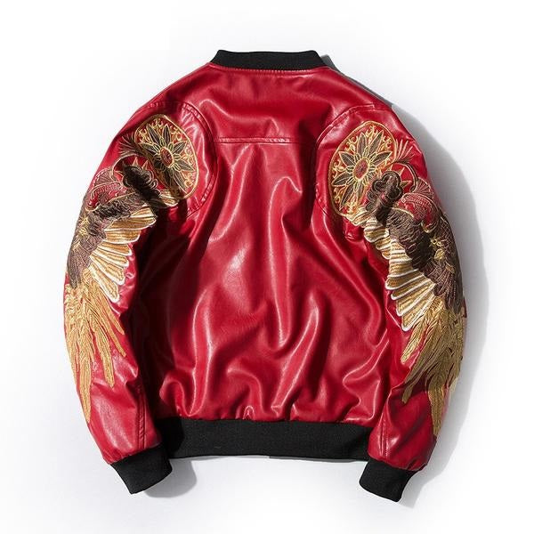 Embroidery Gold Wings PU Leather Stand Collar Jacket-unisex-wanahavit-red-S-wanahavit