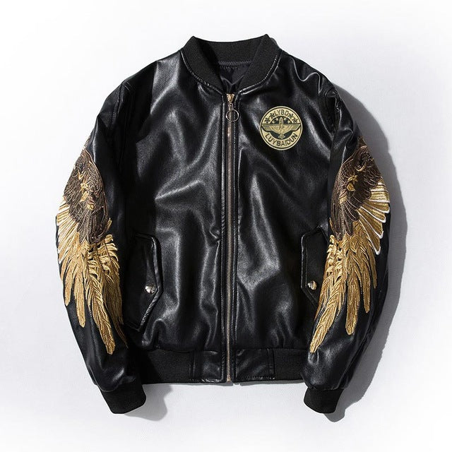 Embroidery Gold Wings PU Leather Stand Collar Jacket-unisex-wanahavit-black-S-wanahavit