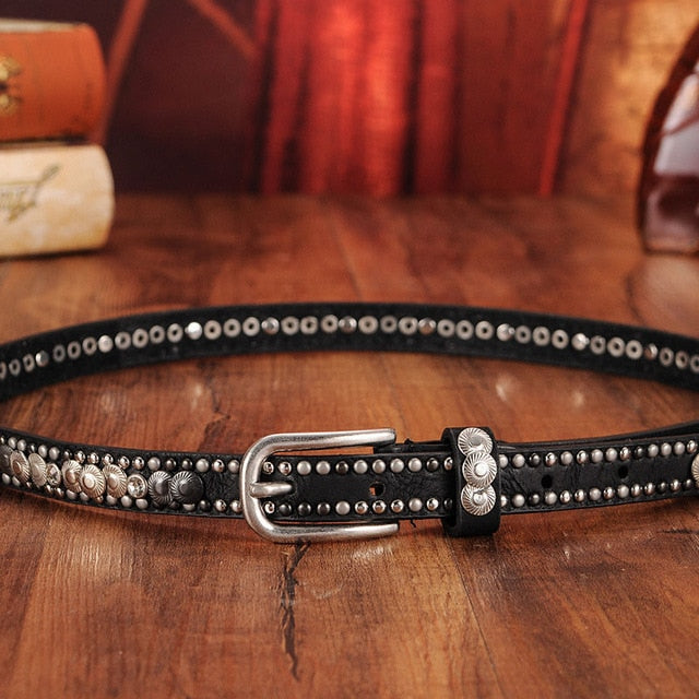Luxury Genuine Leather Rivet Thin Punk Rock Belts-women-wanahavit-CM004 Black-100cm-wanahavit