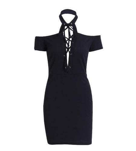 Sexy Halter Lace Up Cold Shoulder Bodycon Dress-women-wanahavit-Black-S-wanahavit