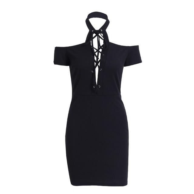 Sexy Halter Lace Up Cold Shoulder Bodycon Dress-women-wanahavit-Black-S-wanahavit