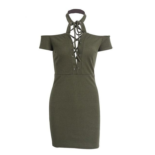 Load image into Gallery viewer, Sexy Halter Lace Up Cold Shoulder Bodycon Dress-women-wanahavit-Army Green-S-wanahavit
