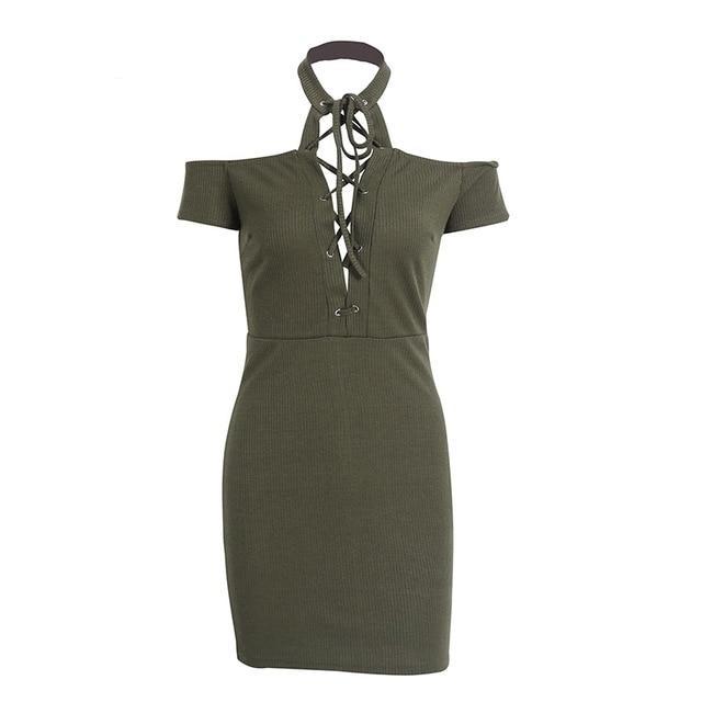 Sexy Halter Lace Up Cold Shoulder Bodycon Dress-women-wanahavit-Army Green-S-wanahavit