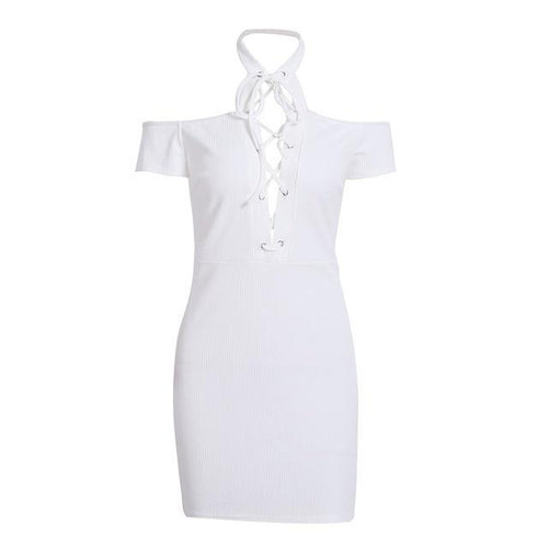 Load image into Gallery viewer, Sexy Halter Lace Up Cold Shoulder Bodycon Dress-women-wanahavit-White-S-wanahavit
