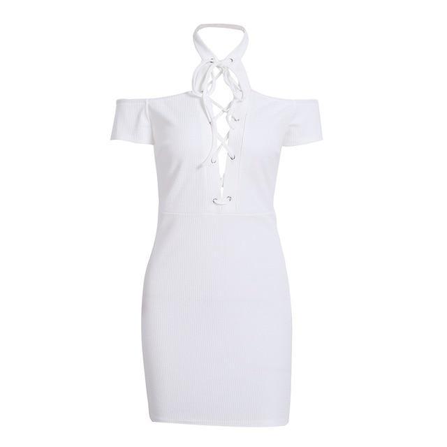 Sexy Halter Lace Up Cold Shoulder Bodycon Dress-women-wanahavit-White-S-wanahavit