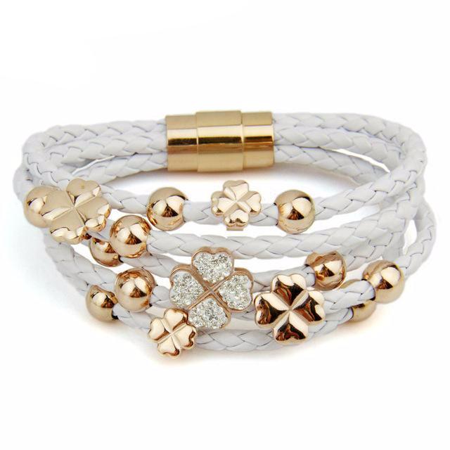 Rose Gold Color Leaf Clover Crystal Charm Leather Bracelet-women-wanahavit-White & Gold-wanahavit