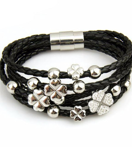 Rose Gold Color Leaf Clover Crystal Charm Leather Bracelet-women-wanahavit-Black & SIlver-wanahavit