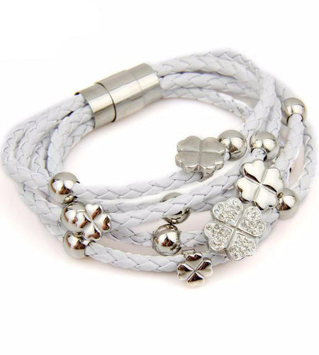 Rose Gold Color Leaf Clover Crystal Charm Leather Bracelet-women-wanahavit-White & Silver-wanahavit