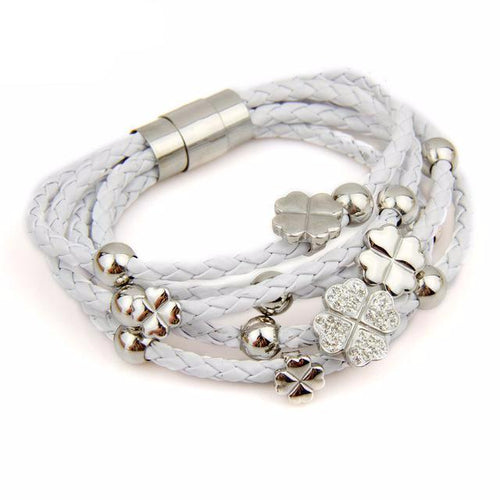 Load image into Gallery viewer, Rose Gold Color Leaf Clover Crystal Charm Leather Bracelet-women-wanahavit-White &amp; Silver-wanahavit
