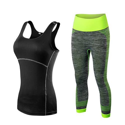 Load image into Gallery viewer, Quick Dry Yoga Set Top Shirt + Pant-women fitness-wanahavit-black green-S-wanahavit
