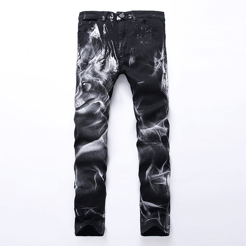 Load image into Gallery viewer, Wolf Head Print Biker Skinny Jeans Pants-men-wanahavit-Black-28-wanahavit
