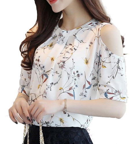 Elegant Chiffon Floral Print Open Shoulder Blouse-women-wanahavit-White-S-wanahavit