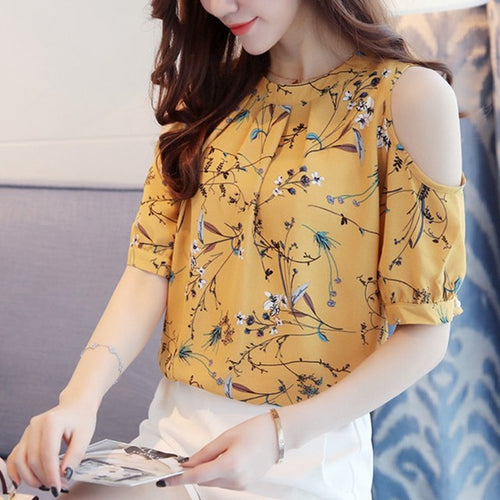 Load image into Gallery viewer, Elegant Chiffon Floral Print Open Shoulder Blouse-women-wanahavit-Yellow-S-wanahavit
