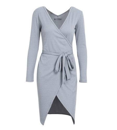 Asymmetric Wrap Ribbon Tie Knitted Dress-women-wanahavit-Gray-S-wanahavit