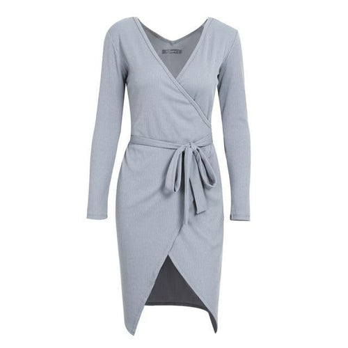 Load image into Gallery viewer, Asymmetric Wrap Ribbon Tie Knitted Dress-women-wanahavit-Gray-S-wanahavit
