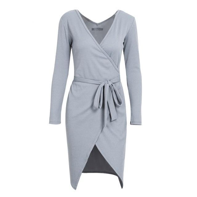 Asymmetric Wrap Ribbon Tie Knitted Dress-women-wanahavit-Gray-S-wanahavit