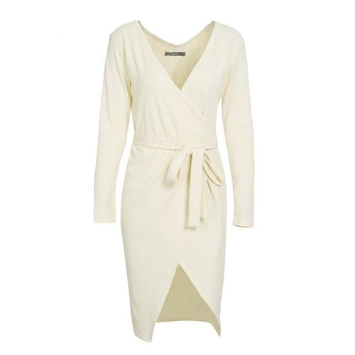 Load image into Gallery viewer, Asymmetric Wrap Ribbon Tie Knitted Dress-women-wanahavit-Creamy White-S-wanahavit

