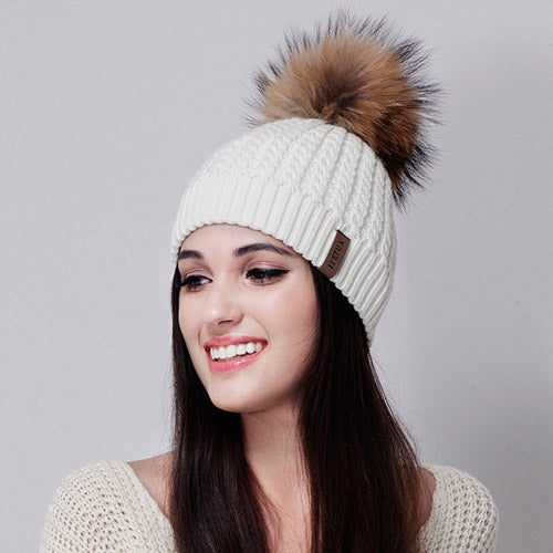 Load image into Gallery viewer, Fox Fur Big Raccoon Pom Pom Casual Warm Knitted Winter Beanie-women-wanahavit-White raccoon pom po-wanahavit
