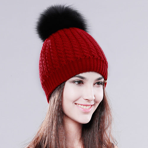 Load image into Gallery viewer, Fox Fur Big Raccoon Pom Pom Casual Warm Knitted Winter Beanie-women-wanahavit-Red fox pompom-wanahavit
