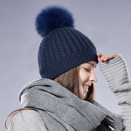 Load image into Gallery viewer, Fox Fur Big Raccoon Pom Pom Casual Warm Knitted Winter Beanie-women-wanahavit-Navy blue fox pompom-wanahavit
