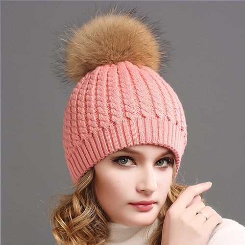 Load image into Gallery viewer, Fox Fur Big Raccoon Pom Pom Casual Warm Knitted Winter Beanie-women-wanahavit-Pink raccoon pompom-wanahavit
