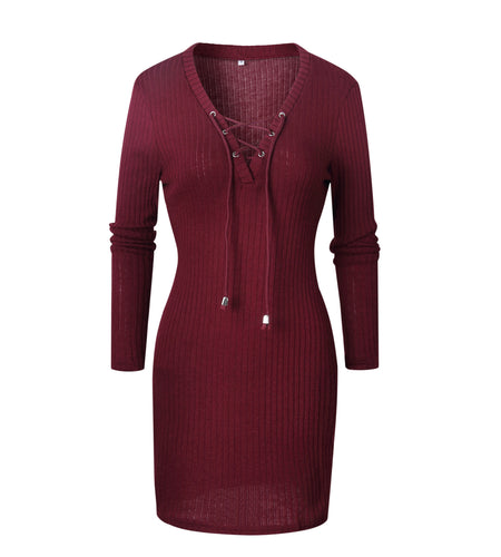 Autumn Winter Sexy V-Neck Lace Up Long Sleeve Dress-women-wanahavit-Red-S-wanahavit