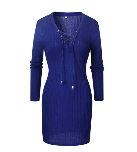 Autumn Winter Sexy V-Neck Lace Up Long Sleeve Dress-women-wanahavit-Blue-S-wanahavit