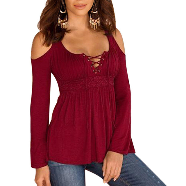Autumn Off Shoulder Bandage Long Sleeve Plus Size Shirt-women-wanahavit-Wine red-XXL-wanahavit