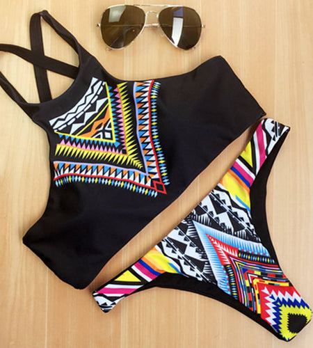 Geometric Printed High Neck Low Waist Bikini-women fitness-wanahavit-1-S-wanahavit