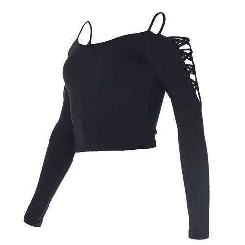 Strapless Crisscross Shoulder Long Sleeve Workout Shirt-women fashion & fitness-wanahavit-Black-S-wanahavit