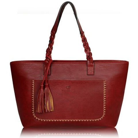 Load image into Gallery viewer, Leather Tassel Shopper Designer Tote Bag-women-wanahavit-Red-wanahavit
