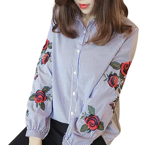 Load image into Gallery viewer, Floral Embroidered Autumn Long Sleeve Blouse-women-wanahavit-blue-S-wanahavit
