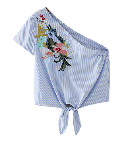 Embroidered One Shoulder Crop Top Shirt-women-wanahavit-Sky Blue-S-wanahavit
