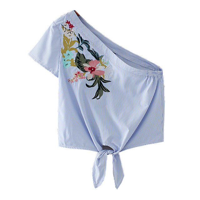 Embroidered One Shoulder Crop Top Shirt-women-wanahavit-Sky Blue-S-wanahavit