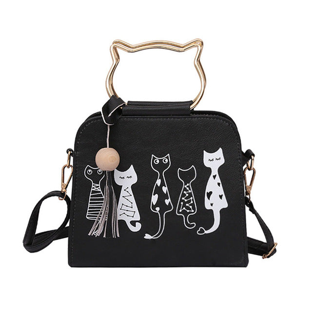 Animal Messenger Cat Pattern Shoulder Bag-women-wanahavit-Black-wanahavit