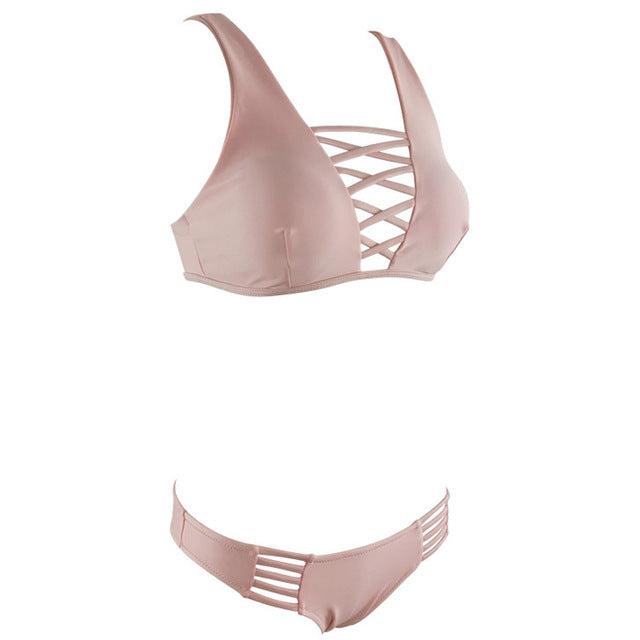Sexy Solid Cut Out Bandage Bikini-women fitness-wanahavit-Pink-S-wanahavit