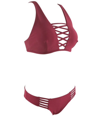 Sexy Solid Cut Out Bandage Bikini-women fitness-wanahavit-Red-S-wanahavit