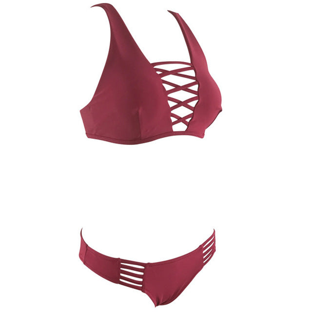 Sexy Solid Cut Out Bandage Bikini-women fitness-wanahavit-Red-S-wanahavit