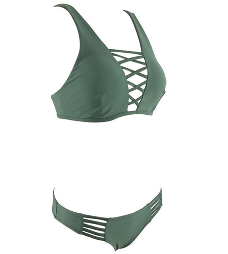 Sexy Solid Cut Out Bandage Bikini-women fitness-wanahavit-Green-S-wanahavit