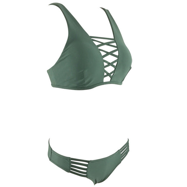 Sexy Solid Cut Out Bandage Bikini-women fitness-wanahavit-Green-S-wanahavit