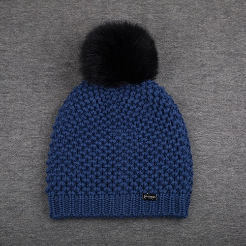 Fox Fur Pom Pom Wool Casual Warm Knitted Winter Beanie-women-wanahavit-Navy blue-China-wanahavit