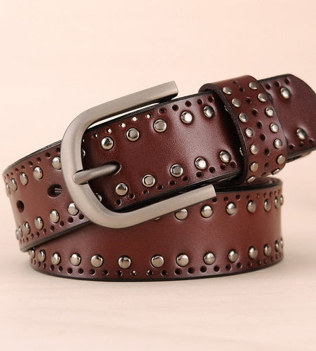 Trendy Metal Rivets Leather Belt-women-wanahavit-CM006 Coffee-95CM-wanahavit