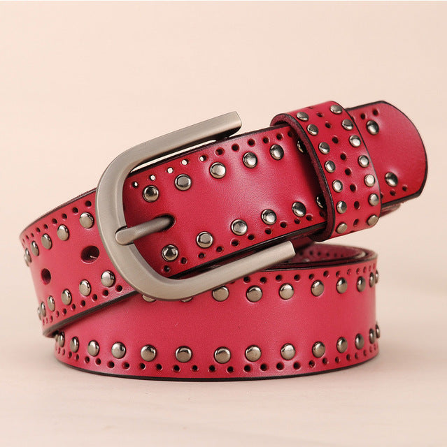 Trendy Metal Rivets Leather Belt-women-wanahavit-CM006 Rose red-95CM-wanahavit