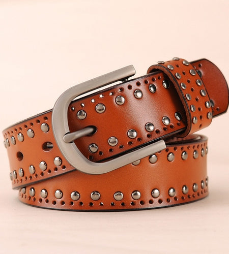 Trendy Metal Rivets Leather Belt-women-wanahavit-CM006 Brown-95CM-wanahavit