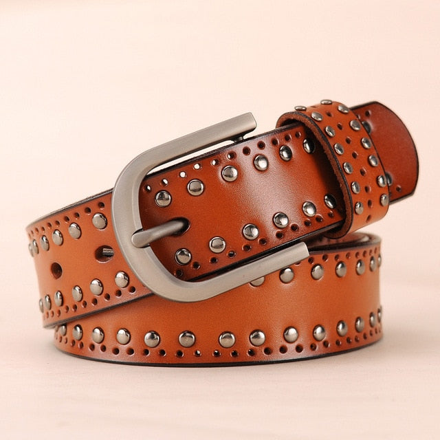 Trendy Metal Rivets Leather Belt-women-wanahavit-CM006 Brown-95CM-wanahavit