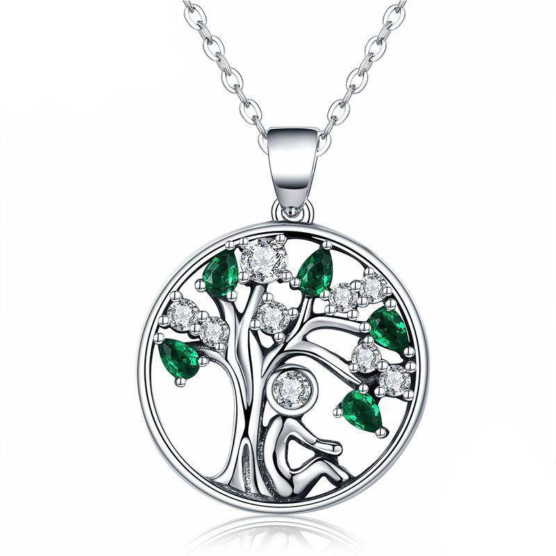 925 Sterling Silver Tree of Life with Clear Green CZ Pendant Necklaces-women-wanahavit-wanahavit